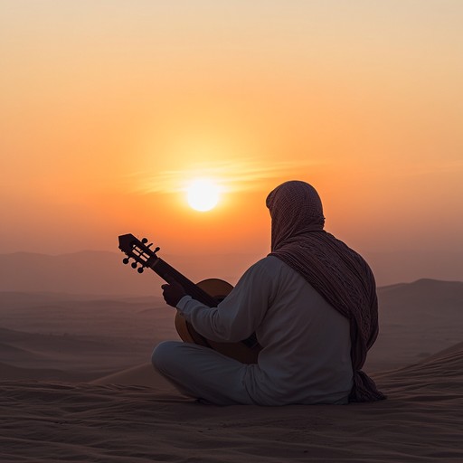 A gently flowing composition featuring middle eastern scales and rhythms, delving into the emotional depths of a desert journey. The piece captivates listeners with its tender oud melodies and subtle, evocative percussion, transporting them to a world of sand dunes, ancient ruins, and endless horizons, filled with both melancholy and hope.