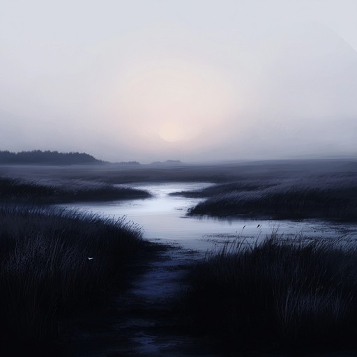 In a composition that captures the essence of isolation and fear, distant whispers and sharp, unsettling noises create an atmosphere thick with tension. The scene is set in a fog covered moor where every sound seems amplified and every shadow could be something sinister lurking.