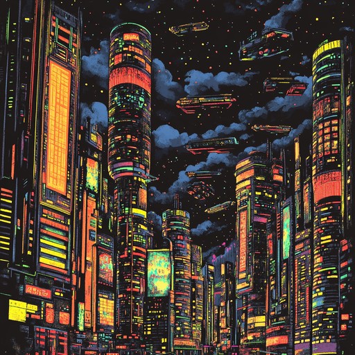 A dramatic instrumental piece that blends atmospheric synth layers with pulsating bass lines and dynamic electronic percussion, capturing the essence of a neon lit cyberpunk metropolis at night.