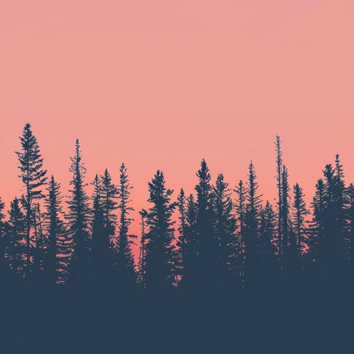 As the sun sets, the dark shapes of tall pine trees stand out against the orange and purple sky, creating a peaceful yet mysterious atmosphere in the quiet forest.