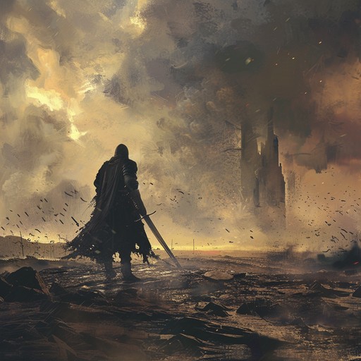 Imagine a fierce battle where warriors fight for their honor and legacy. The music starts with a slow, ominous introduction, building suspense with deep, resonating guitar riffs. As the intensity rises, the tempo accelerates with a fierce combination of drums, bass, and soaring guitar solos, culminating in a grand, victorious climax.