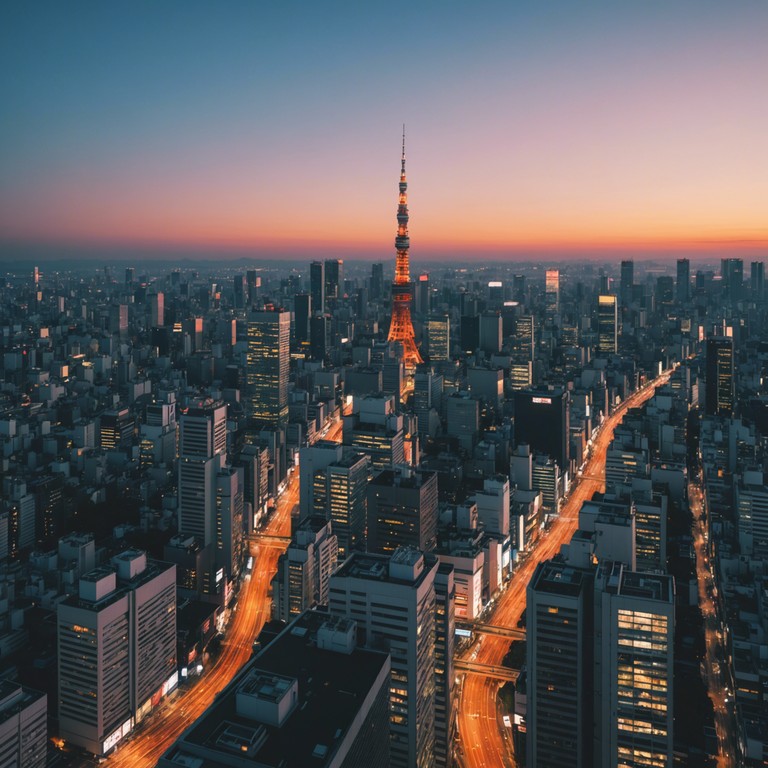 This composition encapsulates the vibrant energy of tokyo's cityscape as it transitions from day to night, featuring sparkling melodic lines that capture the city's pulsating life and serene majesty.