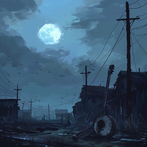 A haunting banjo melody reverberates through the abandoned, dusty streets of a ghost town at dusk. The atmosphere is chilling and mysterious, capturing the desolation and eerie silence of a place long forgotten. Perfect for evoking spine tingling country vibes.