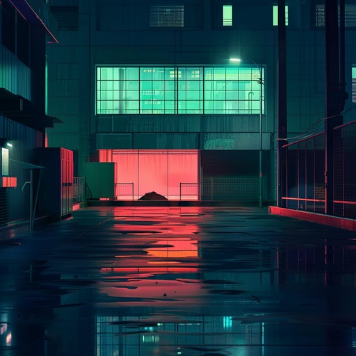 Dark electro song with throbbing beats and eerie synths, capturing a relentless chase through glowing urban landscapes, filled with tension and uncertainty.