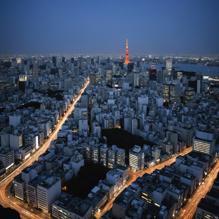 Dive into a serene urban landscape that gradually fills with the lively, pop infused energy of tokyo's nightlife through rhythmic beats and dazzling synthesizer melodies, symbolizing the city’s dynamic transformation as night falls.