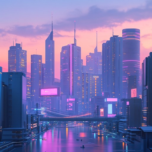 Create a sleek, polished electronic piece that embodies the essence of a modern, futuristic cityscape. The music should have a graceful and elegant vibe, weaving together layers of smooth synths, subtle beats, and atmospheric sounds, transporting the listener into a world of neon lights and sophisticated technology. The track should be dynamic yet soothing, perfect for setting an upscale, modern mood.