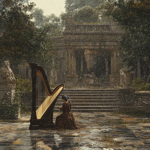 A hauntingly beautiful piece featuring a harp ensconced in a lush, rainy soundscape, blending elements of chamber music with eclectic, otherworldly textures, creating an introspective journey through sorrow and reflection