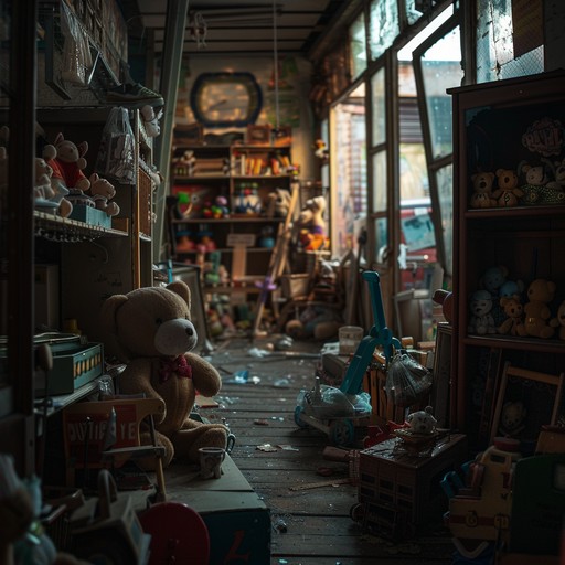 As the moonlight filters through the cracked windows, a lone music box springs to life, its eerie tune dancing amidst the shadows of discarded toys and faded memories. The delicate, tinkling notes carry a sense of longing and nostalgia, as if the once-cherished playthings are yearning for the laughter and joy that once filled these now-silent halls. The sparse, minimalistic arrangement of the music box melody is accompanied by the occasional creaking of old wooden floorboards and the whisper of a ghostly wind, creating an atmosphere of unease and melancholy.