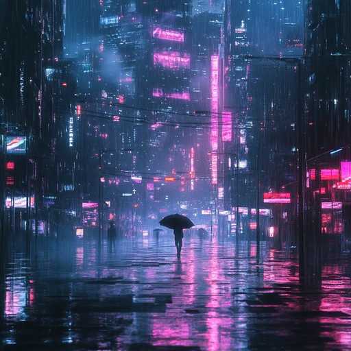 In a dystopian neon city, the music paints a haunting cyberpunk atmosphere with eerie synthesizers, glitchy beats, and spectral echoes. The track captures the essence of a world where digital specters roam dark alleyways, casting haunting reflections on rain soaked streets illuminated by flickering neon lights. The melody weaves through a tapestry of synthetic textures, creating an emotive journey through a dystopian future.