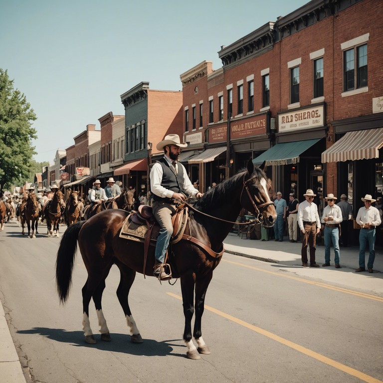 An uplifting western musical piece that evokes images of horse driven parades celebrating local festivals in the heart of american frontier towns, enriched with the twang of a banjo and the clatter of hooves.