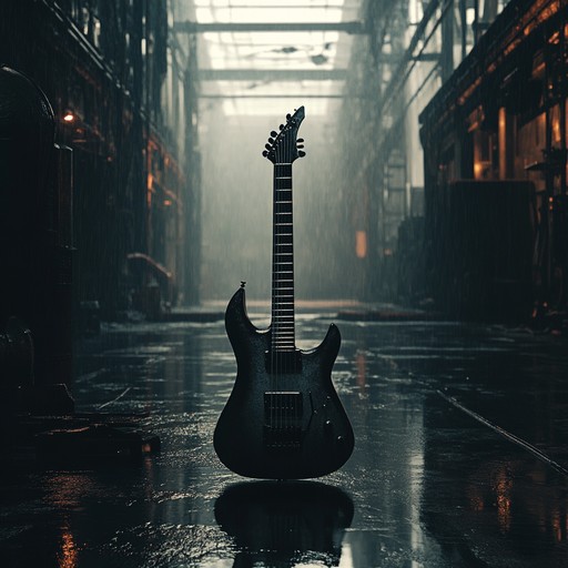 An intense, driving composition combining heavy industrial beats and dynamic electric guitar, capturing the essence of a thrilling urban landscape under a stormy sky.