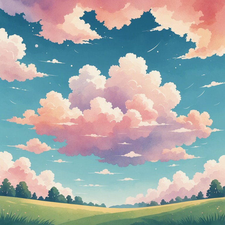 A soundscape that invites listeners to float in an azure sky of fluffy clouds and pastel hues, embracing a serene sense of eternal childhood through melodic whispers and subtle harmonies.