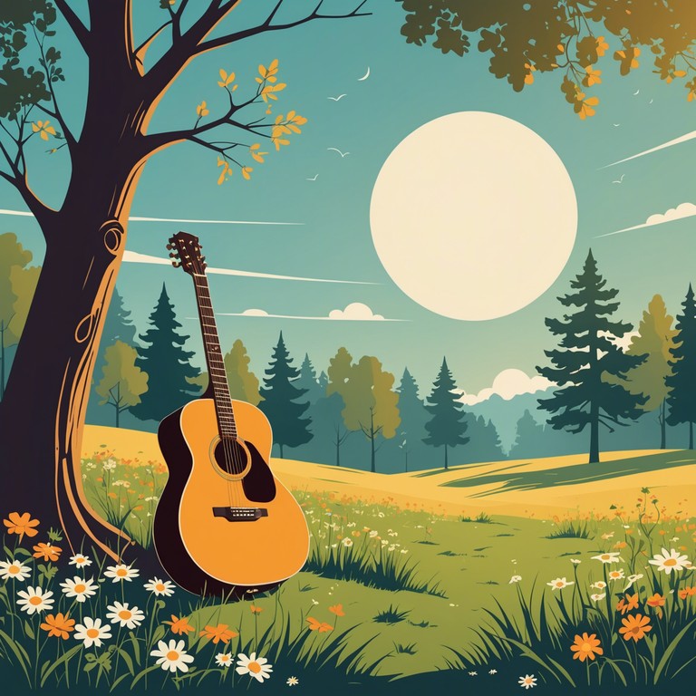 Alternative description: imagine a radiant dawn over a blossom filled meadow, where every note played on the acoustic guitar brings the landscape to life, celebrating the season of growth and renewal.