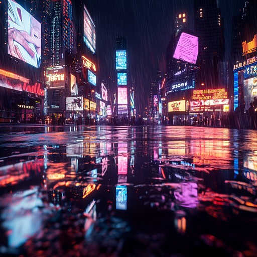 A futuristic soundscape with deep, sorrowful synths and echoing percussion, creating the sense of walking through a dystopian neon lit city at night while rain pours down reflecting off the digital billboards