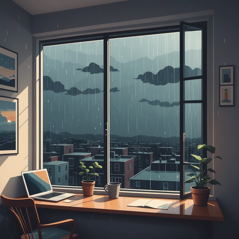 Imagine sitting by a large window, watching as dark clouds gather but with a tranquil heart, listening as soft piano keys blend with synthetic pads, slowly building a story of serene yet powerful nature.