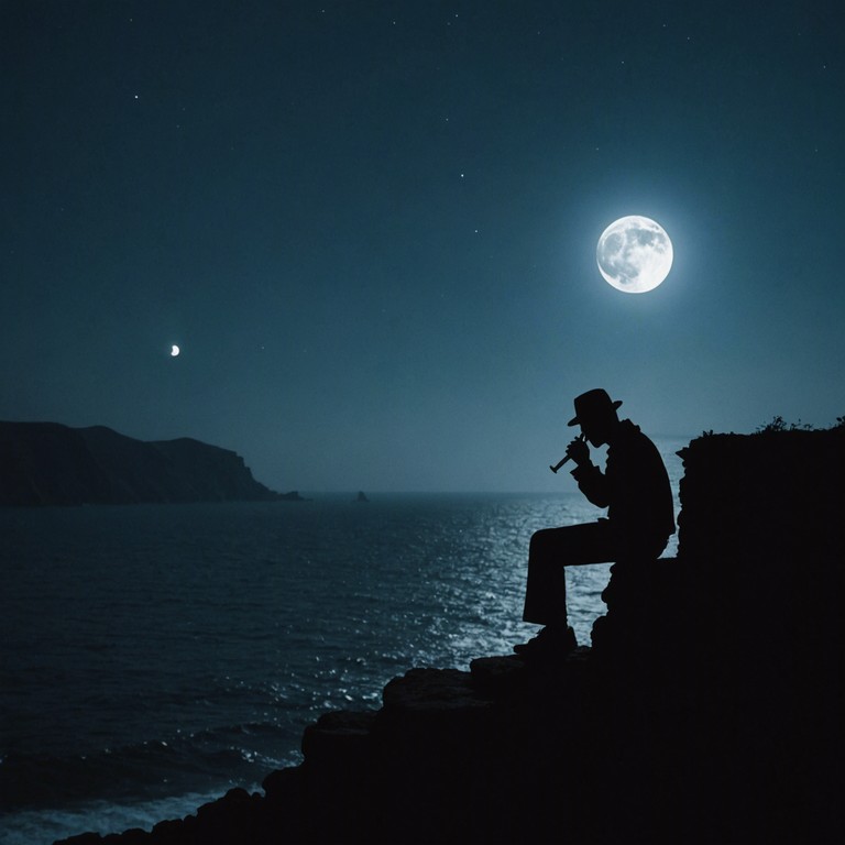 A single harmonica delivering a powerful emotional narrative under the tranquil yet ominous moonlight, exploring themes of loneliness and the search for personal truth in the quiet hours of night.