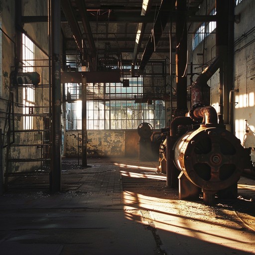 Explore the eerie ambience of an abandoned factory with dark industrial sounds, piercing guitar riffs, and heavy percussion, creating a haunting and mysterious rock ambiance.