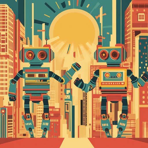 An upbeat instrumental track featuring bouncy synthesizers and catchy guitar riffs, evoking the joy of robots dancing as the sun rises over a futuristic city