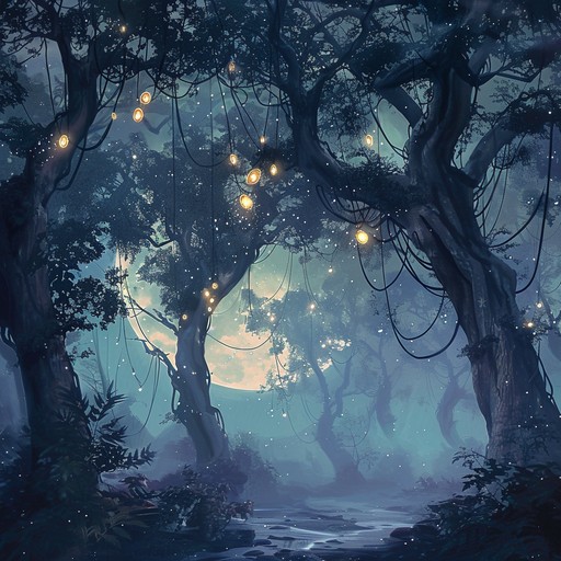 An ambient composition that mirrors the whimsical journey through a moonlit enchanted path, filled with soft harp notes and glittering sonic effects. The music elicits a sense of bittersweet wonder, weaving through nostalgia and mystery while capturing the essence of a magical forest under the moon's glow.