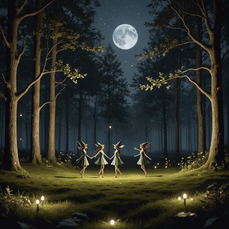 A playful, enchanting waltz depicting a magical scene deep within an ancient, moonlit forest. Elves twirl and leap gracefully, their laughter mingling with the whisper of the leaves.