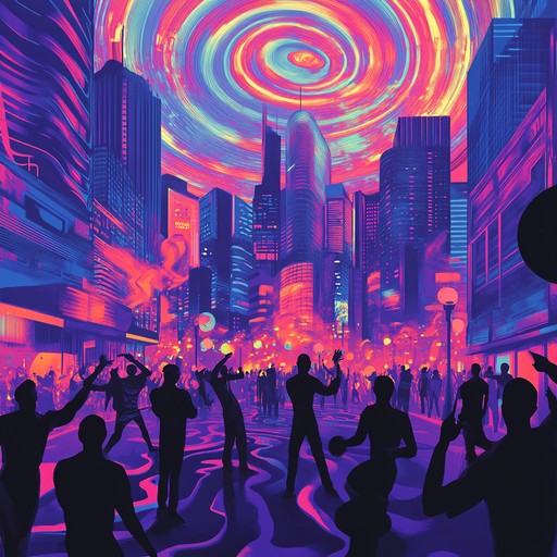 An instrumental track blending trippy psychedelic sounds with funky disco grooves, featuring hypnotic basslines, swirling synths, and infectious rhythms that transport listeners to a neon lit dance floor in a futuristic city.