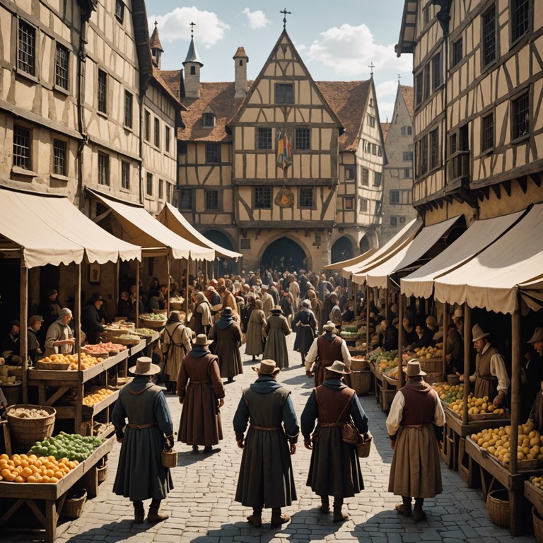 Imagine a lively medieval marketplace where traders and jesters contribute to a bustling, joyous atmosphere. The music captures the essence of daily life, mischievous banter, and the clinking of coins, infusing historical melodies with playfulness and charm.