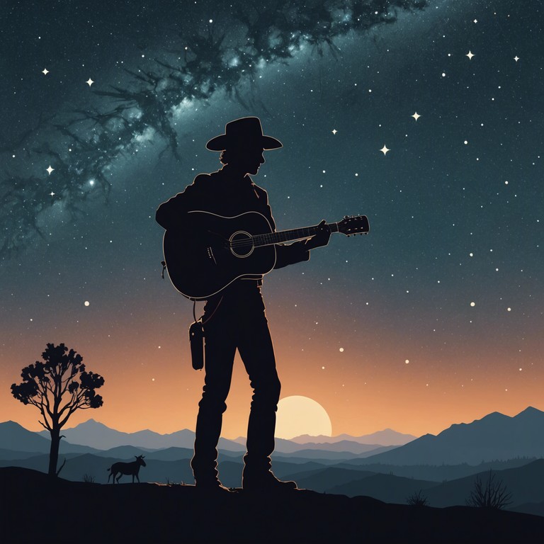 This composition weaves a romantic tapestry set in the expansive western wilderness, capturing the essence of a serene, starry night with soft guitar strings echoing the tranquility and mystery of the desert. The musical narrative tells a tale of timeless love and landscape.