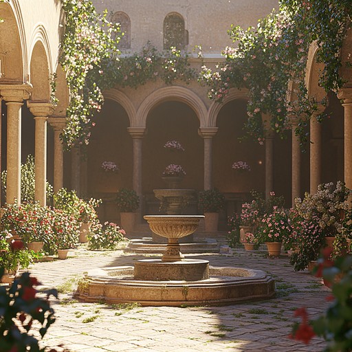 Experience a relaxing journey through a historic courtyard as gentle baroque string harmonies fill the air, promoting a sense of peace and tranquility. The music gracefully evolves, painting a picture of timeless calm.