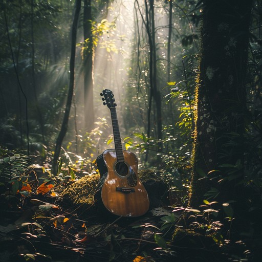 A haunting and empowering instrumental folk piece, where ethereal acoustic guitar melodies meet the raw and untamed rhythms of nature. This song evokes the mysticism of the forest, merging haunting harmonics with rousing, rhythmic beats reminiscent of a woodland uprising. This fusion of dreamy soundscapes and insurgent tempos creates a mood of empowerment and mystical connection to nature's spirits.