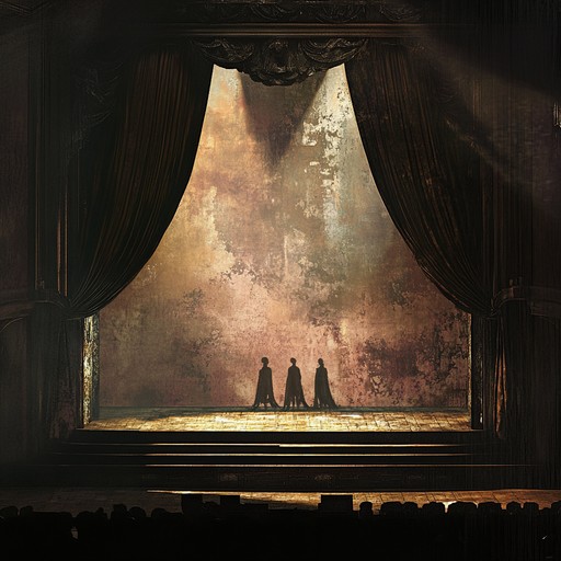 A haunting instrumental bringing to life the eerie ambiance of an empty theater with somber piano and violin harmonies that stir feelings of nostalgia and unease, painting a sonic picture of ghosts dancing under dim lights.