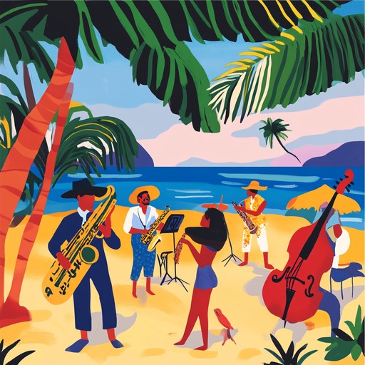 Lively brass and percussive beats create a joyous, tropical dance atmosphere