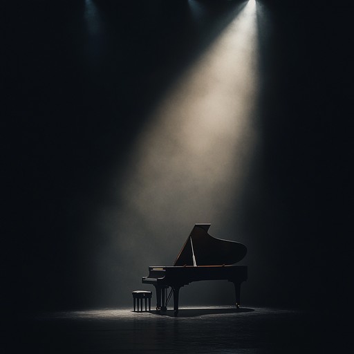 A minimalist composition focused on a solo piano, creating a dramatic and introspective atmosphere. Sparse, deliberate notes unfold a story of quiet contemplation, blending silence with sound to evoke a deeply emotional and solitary mood.