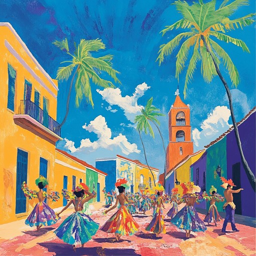 An energetic and rhythmic piece featuring the vibrant sounds of exotic percussion instruments, capturing the lively and joyous spirit of an extravagant carnival celebration under tropical skies.