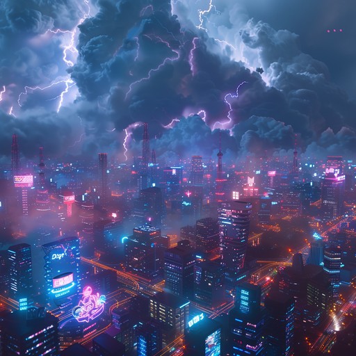 A dynamic instrumental track featuring a relentlessly driving bassline interwoven with electrifying synth waves and atmospheric sweeps, offering an immersive sonic experience suggestive of a futuristic cityscape under a pulsating thunderstorm. The song embodies the tension and exhilaration of an electric storm, with piercing high notes mimicking lightning strikes.