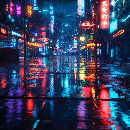 A tranquil instrumental song blending futuristic ambient soundscapes with calm, digital elements. Slow paced synth patterns and gentle electronic textures paint a serene picture of a neon lit city in the rain, ideal for relaxing, thinking, or meditating in a cyberpunk setting.