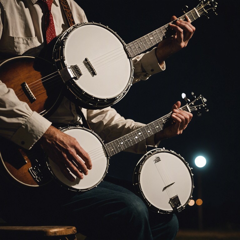 Under the vast expanse of the night sky, the sound of banjos fills the air, transcending a mere musical performance to become a battle of prowess and passion. This instrumental track captures the essence of a traditional bluegrass duel, enriched with dramatic elements, creating an intense auditory experience that depicts both competition and camaraderie in every note.