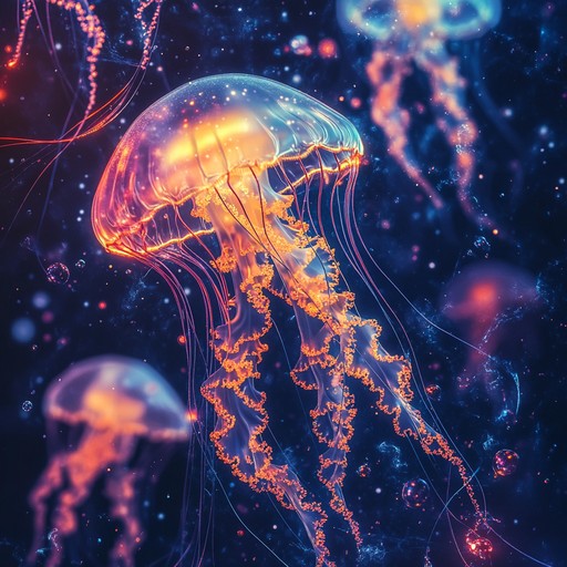 An energetic instrumental piece that combines pulsing electronic rhythms with ethereal melodies inspired by jellyfish movement and quantum mysteries, creating an uplifting and weird sonic experience.