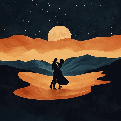 In a moonlit desert, a couple dances an intense and passionate tango, their heartbeats intertwined with the rhythmic strumming of a spanish guitar. The air is filled with thrill and romance as their movements tell a story of love and adventure.