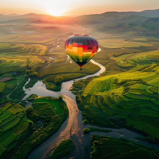 Imagine floating gently above the countryside in a colorful hot air balloon, as whimsical melodies guide your peaceful journey through vibrant fields and lazy rivers. Light and airy instruments paint a picture of a sunny adventure, celebrating the beauty of a quiet, joyful day in the sky.