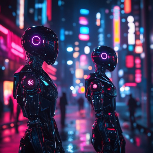 A pulsating journey through a neon lit dystopian cityscape, where futuristic synth melodies intertwine with a relentless beat. The track evolves with layers of robotic sounds, creating an immersive ambiance that captures the essence of a high tech, darker future.