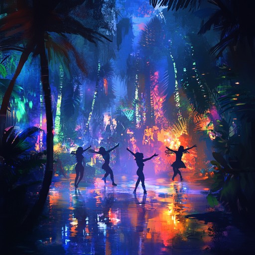 Journey through a futuristic jungle rave with pumping beats and exotic tribal rhythms, creating an electrifying dance atmosphere perfect for a wild night out.