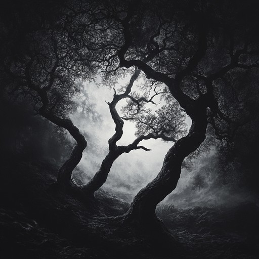 A soundtrack evoking the eerie desolation of an ancient forest. Slow, looming strings combined with soft, ghostly choirs create an otherworldly atmosphere. Occasional creaks and distant howls add suspense, perfect for scenes of impending doom or introspective fear.