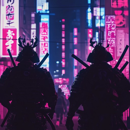 Imagine samurai shadows gliding through tokyo under a neon sunset, where the old meets the new in a soundscape filled with pulsating electronic rhythms and the melancholic twang of a shamisen.