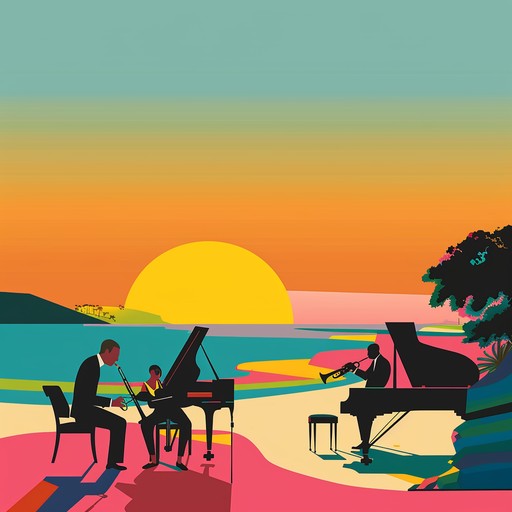 Feel the energy and warmth of a lively sunset beach party, where rhythmic percussion meets smooth saxophone lines in a spirited latin jazz composition.