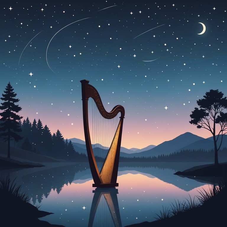 A capriccio styled classical piece where the harp's gentle plucks echo the calmness of an evening turning into night. The music gradually builds a soothing, immersive atmosphere perfect for relaxation or meditation, as stars start to dot the sky overhead.