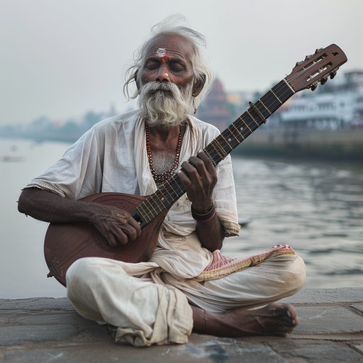 Infuse the vibrant rhythms of the ganges with the serene ambiance of varanasi in this hindustani instrumental, capturing the essence of spiritual awakenings and daily rituals. The composition should intertwine traditional melodies with a contemporary touch, reflecting both the ancient and the modern facets of the city.