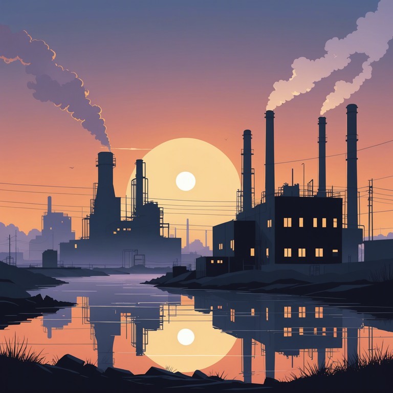 Imagine an environment where the clashing sounds of machinery slowly harmonize with serene, hopeful melodies, suggesting a break of light amidst shadows, symbolizing hope's triumph over despair.