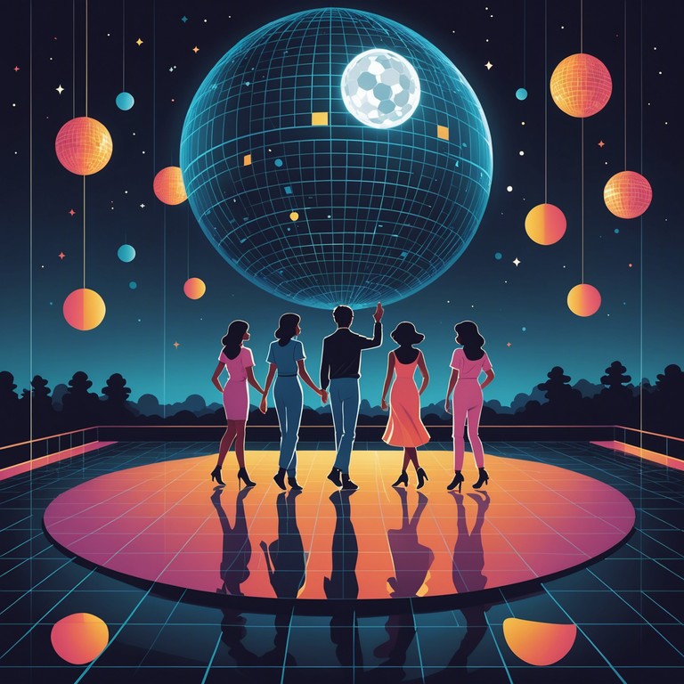 Imagine a moonlit disco where the dance floor glimmers with a mystical glow, driven by entrancing beats and otherworldly synthesizers. The mood is ethereal and slightly mysterious, perfect for a night of soulful dances and magical encounters