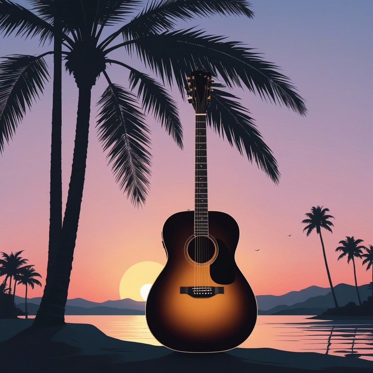 Imagine an evocative acoustic guitar melody playing softly as the beachgoers slowly gather to watch the night set in, blending soft samba rhythms with the natural sounds of the evening tide.