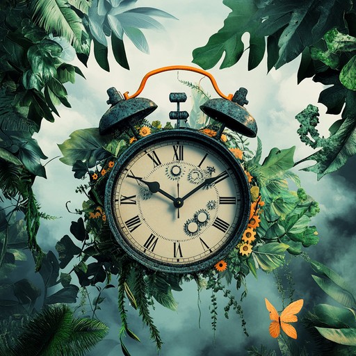 An instrumental piece blending mechanical clock sounds with tropical jungle noises, set against an ambient backdrop, creating a surreal auditory experience that transports the listener to an otherworldly dreamscape blending industrial and natural elements.